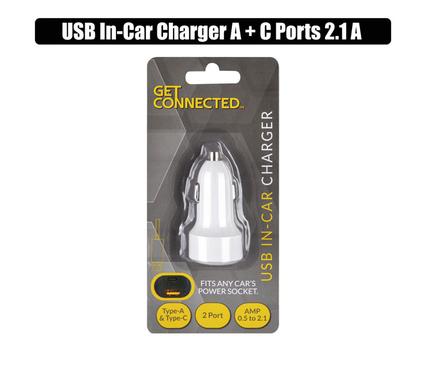 USB IN-CAR CHARGER A + C PORTS 2.1A