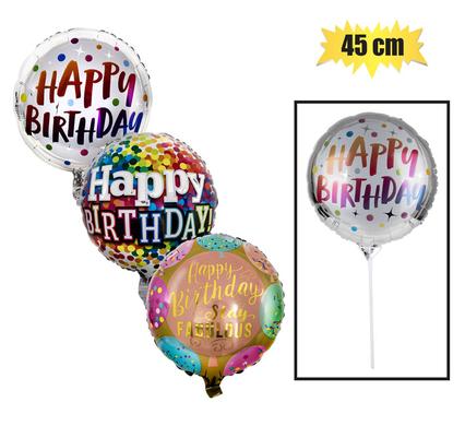 BALLOON W/STICK AIR BDAY ASSTD 45cm