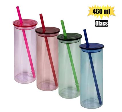 DRINKING-BOTTLE GLS + STRAW 460ml ASST