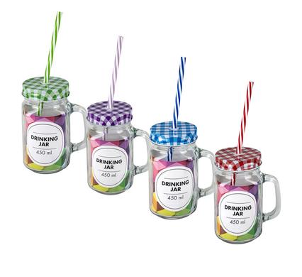 DRINKING-JAR GLS + STRAW 450ml ASSTD COL