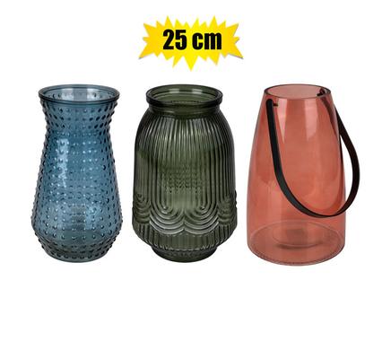 VASE GLASS COLOURED ASSTD 25cm