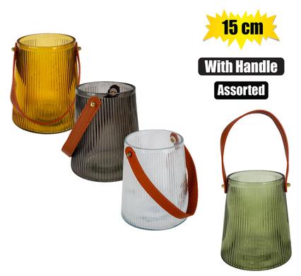 VASE GLASS W/HANDLE ASSTD 15cm