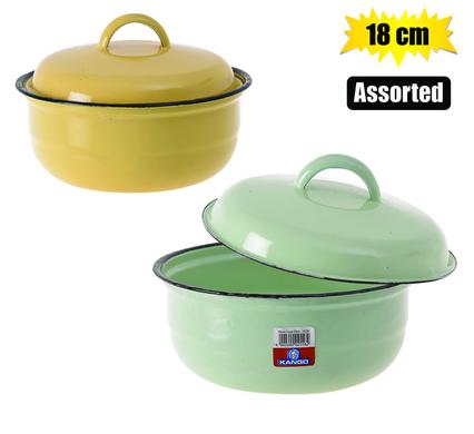 FOOD DISH ENAMEL 18cm W/LID PLAIN