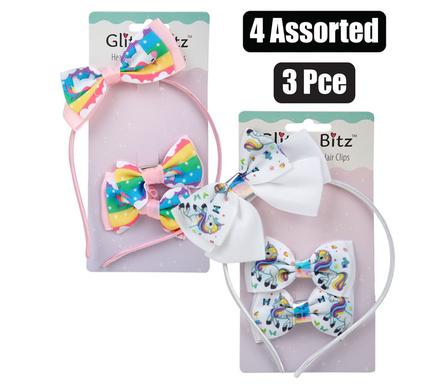 HAIR ALICE BAND BOW & CLIPS UNICORN