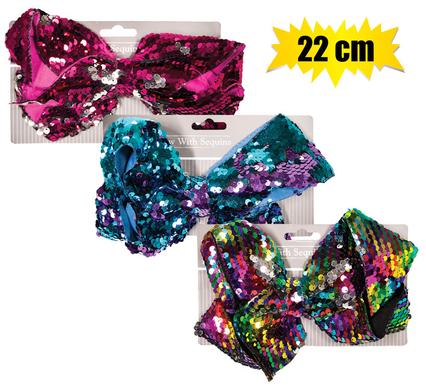 HAIR BOW OVERSIZE ASSTD SEQUINS 22cm