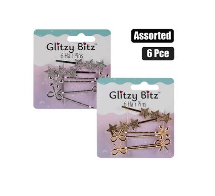 HAIR CLIPS FASHION PINS ASSTD 6PCE
