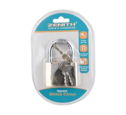 PADLOCK ZENITH BRASS 63mm CARDED