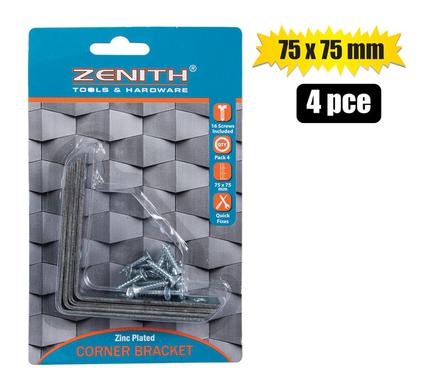 CORNER-BRACKET STL 75x75mm+SCR 4PCE