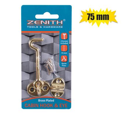 CABIN-HOOK+EYE BRASS+SCREWS  75mm ZENITH