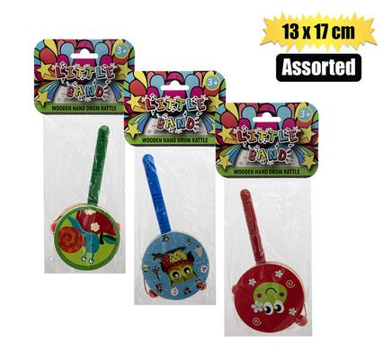 MUSICAL WOOD HAND DRUM RATTLE 13x17cm