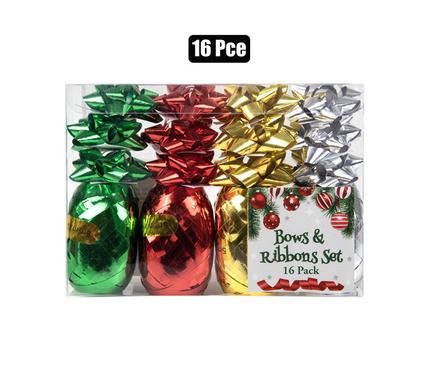 XMAS RIBBON & BOW SET 16PC