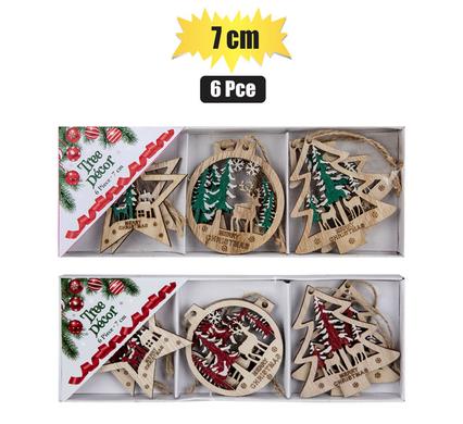 XMAS TREE DECOR WOODEN ORNAMENT 7cm 6pc
