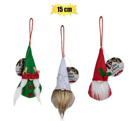 XMAS TREE DECOR HANGING GNOME 15cm ASSTD