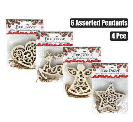 XMAS TREE DECOR WOODEN PENDANTS 4PC
