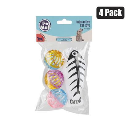 PET CAT TOY BALLS + FISH 4 PACK