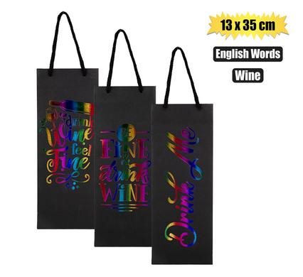 GIFT-BAG PPR WINE ENG WORDS 13x35cm BLK