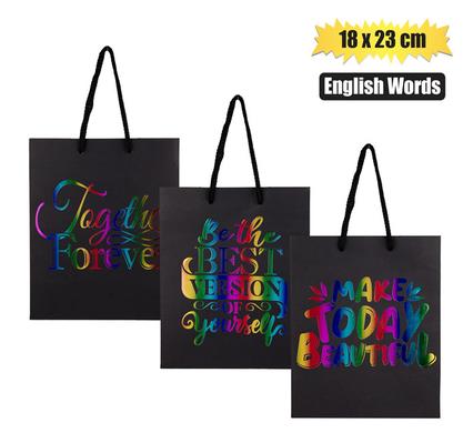 GIFT-BAG PPR ENG WORDS MED 18x23cm BLACK