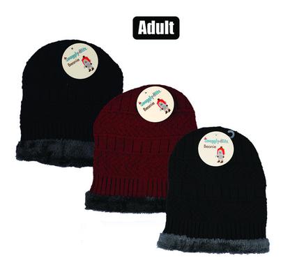 BEANIE ADULT KNITTED W/INNER  FLEECE ASS