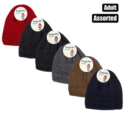 BEANIE ADULT KNITTED FLEECE 21x22cm ASST