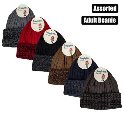 BEANIE ADULT KNITTED FLEECE 29x22cm ASST