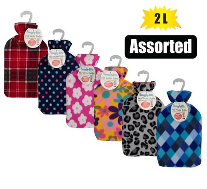 HOTWATER BOTTLE W/FLEECE COVER ASSTD 2L