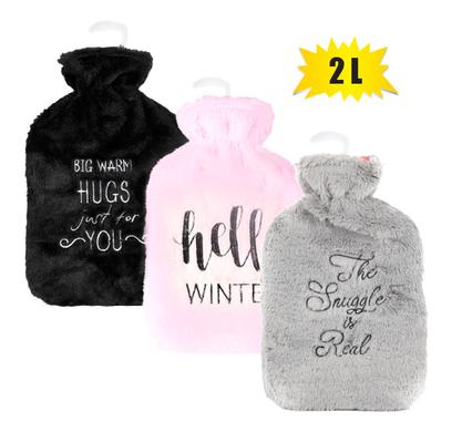 HOTWATER BOTTLE W/FUR COVER WORDS 2L