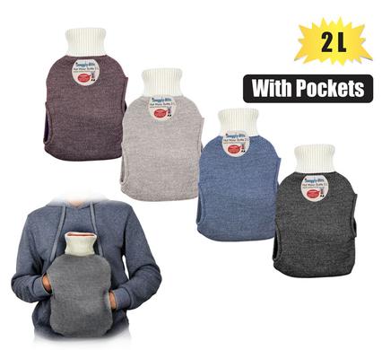 HOTWATER BOTTLE KNIT COVER & POCKETS 2L