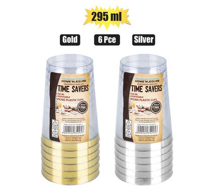 PICNIC CUPS PL 295ml 6PCE GOLD/SLVR RIM
