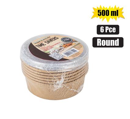 KRAFT PAPER BOWLS W/LID 500ml 6PC ROUND