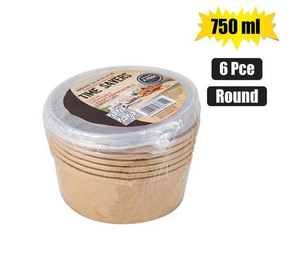 KRAFT PAPER BOWLS W/LID 750ml 6PC ROUND