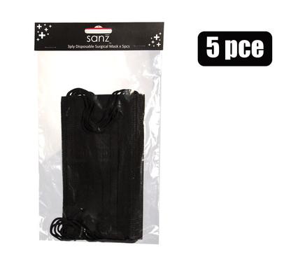 FACE MASK ADULT DISPOSABLE 5PC BLACK