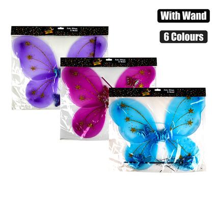 DRESS UP WINGS FAIRY & WAND 3 COL ASSTD