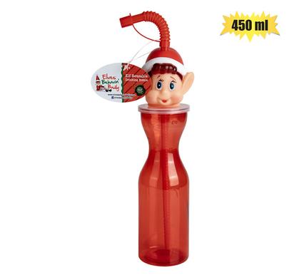 XMAS ELF WATER BOTTLE W/STRAW