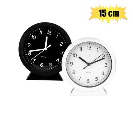 CLOCK ALARM PL RND ON STAND 15cm ASSTD
