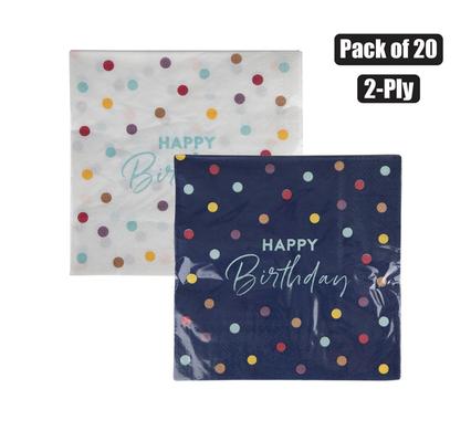 SERVIETTES 2PLY 33cm 20PC DOT H-BIRTHDAY