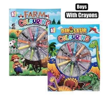 BOOK COLOURING BOY W/WAX CRAYONS ASSTD