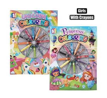 BOOK COLOURING GIRL W/WAX CRAYONS ASSTD