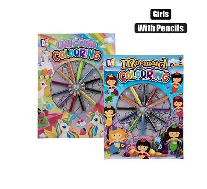 BOOK COLOURING GIRL W/PENCILS ASSTD